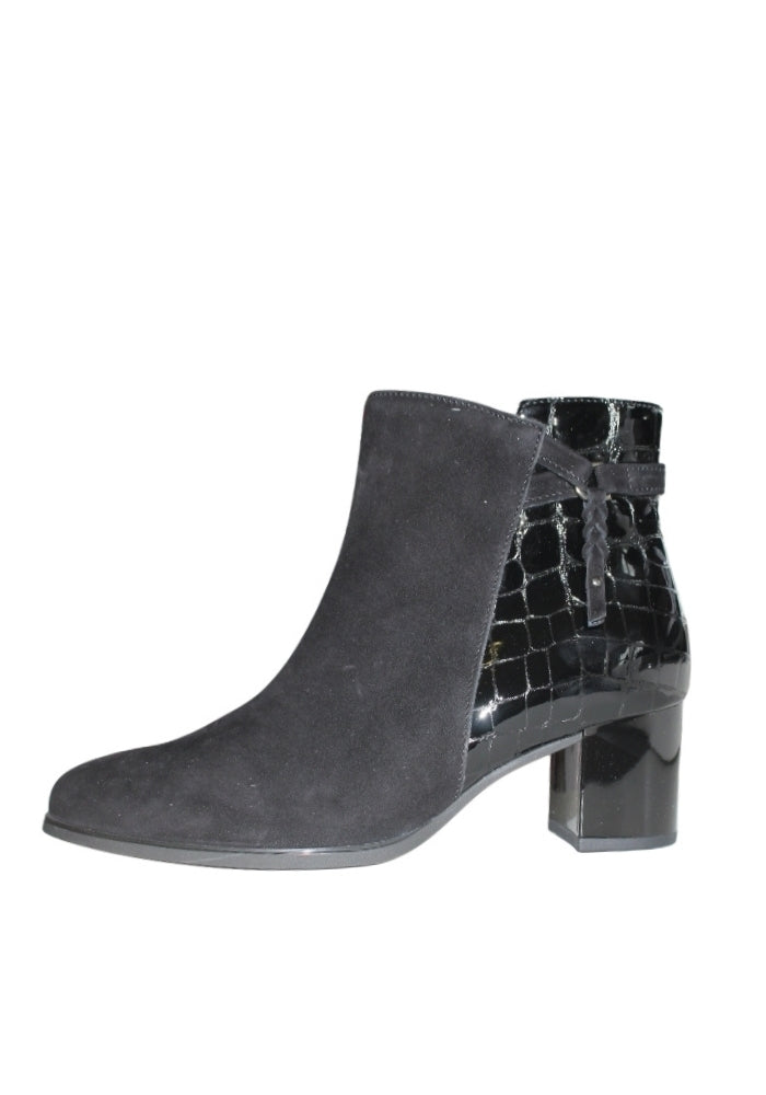 Croc-Accent Suede Ankle Boots with Block Heel