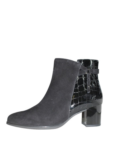 Croc-Accent Suede Ankle Boots with Block Heel