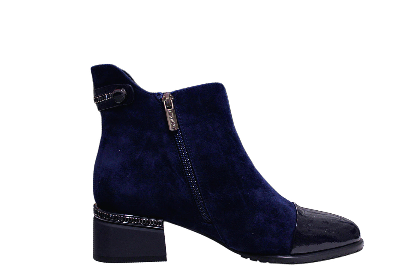 Navy Block Heel Boot With Diamonde Detailing