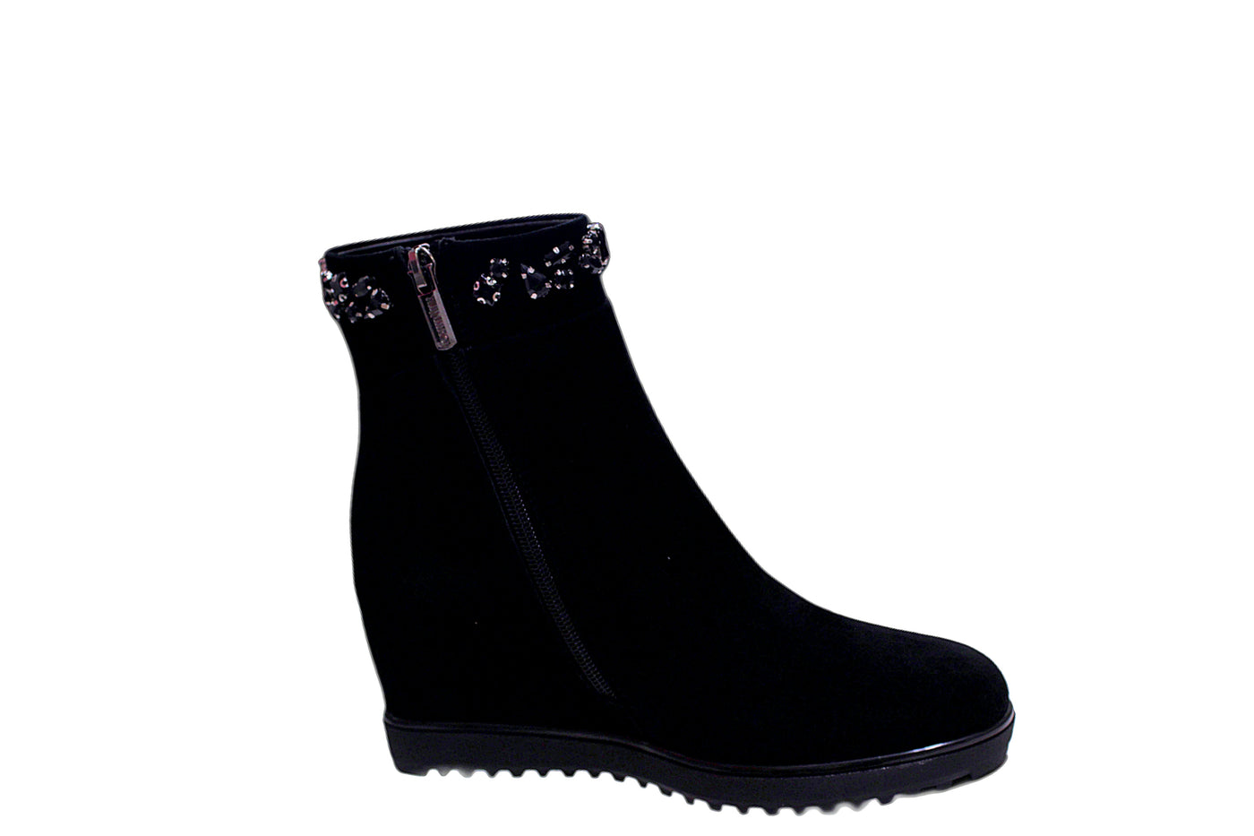Black Zip Up Boot With Diamante Detailing