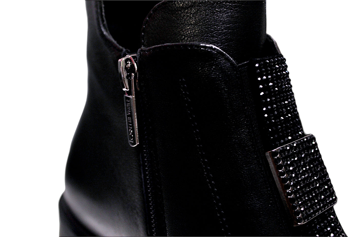 Black Leather Zip Boot With Diamante Detailing