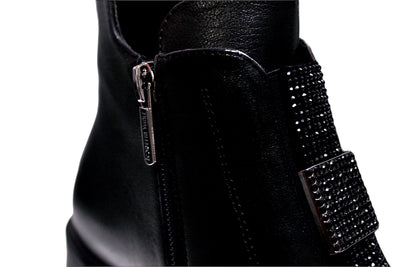 Black Leather Zip Boot With Diamante Detailing