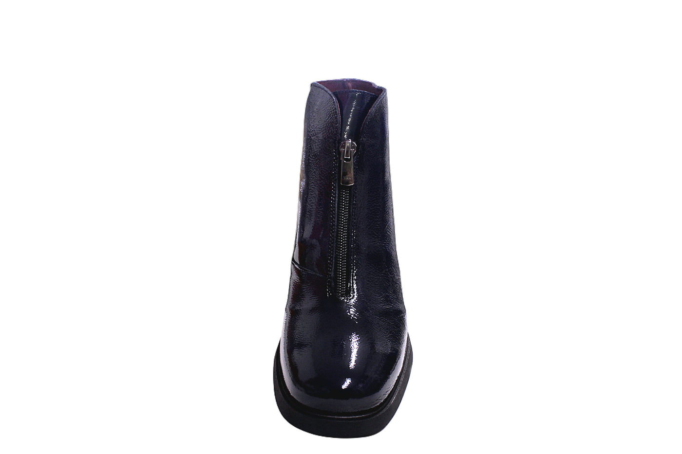 Navy Patent Block Heel Boot With Zip