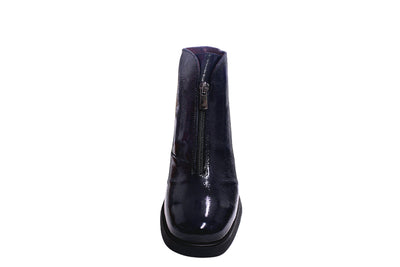 Navy Patent Block Heel Boot With Zip