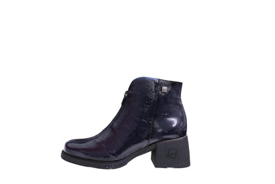Navy Patent Block Heel Boot With Zip