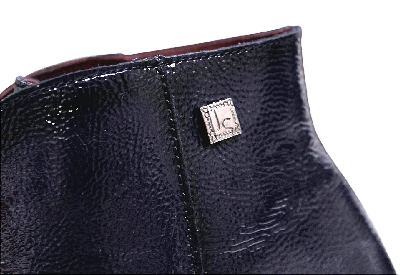 Navy Patent Block Heel Boot With Zip