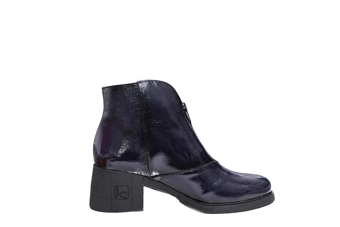 Navy Patent Block Heel Boot With Zip