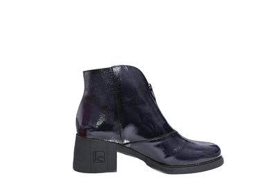 Navy Patent Block Heel Boot With Zip