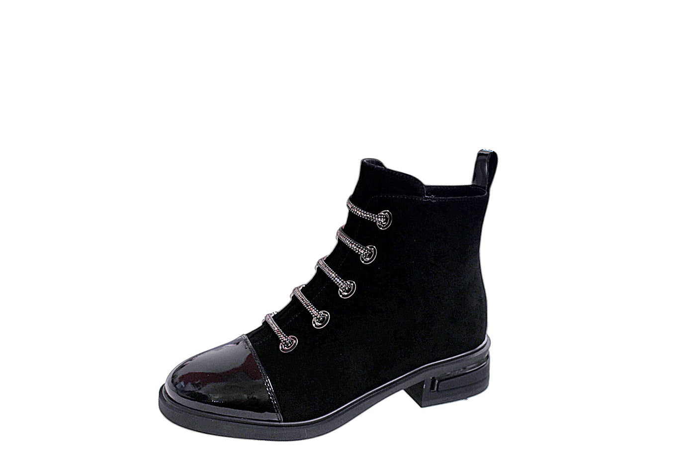 Suede Feel Zip Up Boot With Patent Toe