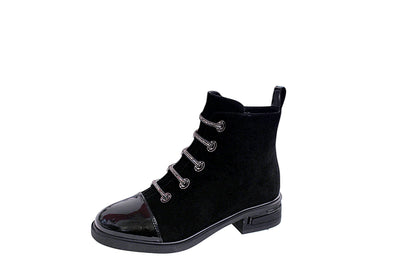 Suede Feel Zip Up Boot With Patent Toe