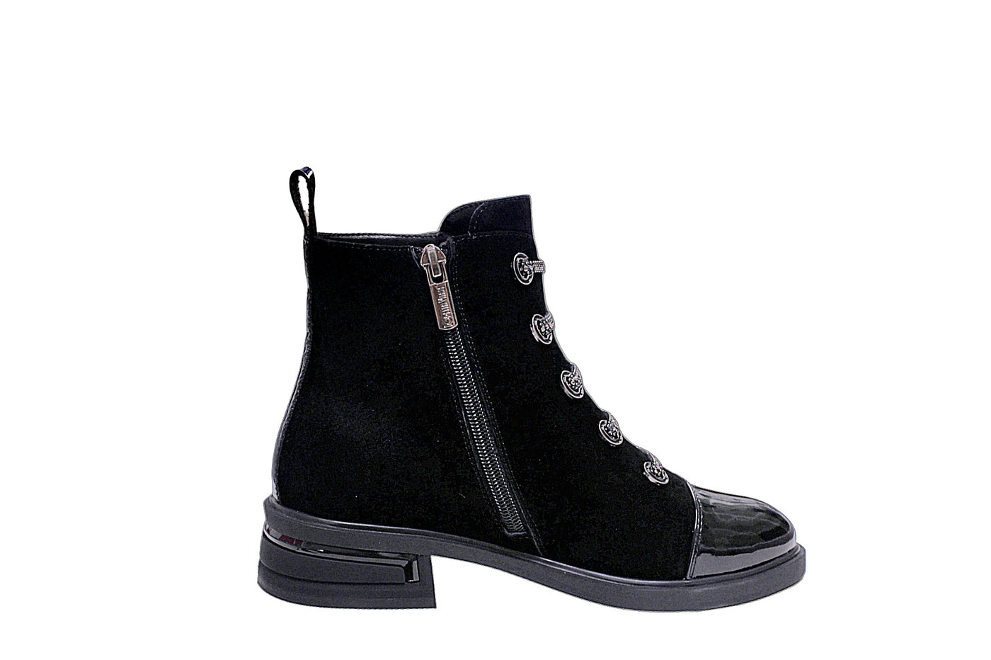 Suede Feel Zip Up Boot With Patent Toe