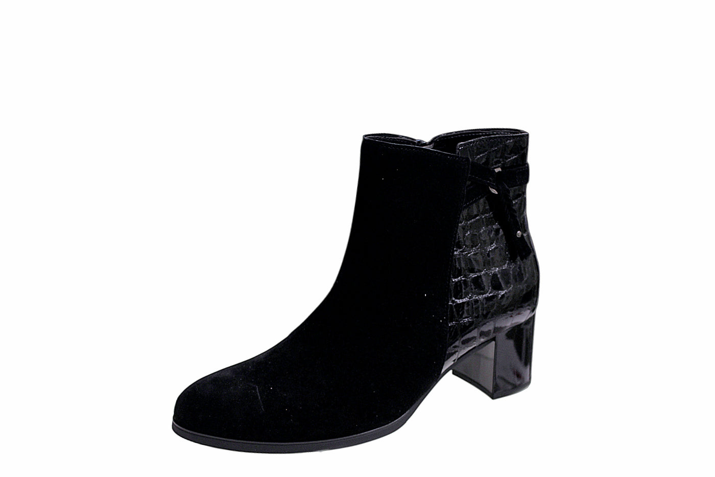 Croc-Accent Suede Ankle Boots with Block Heel