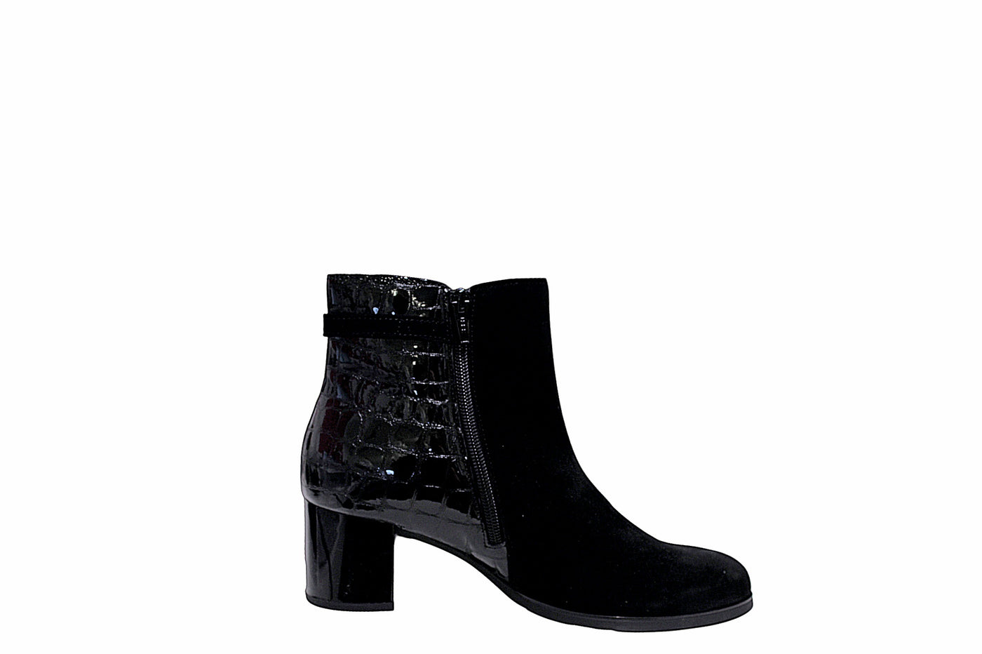 Croc-Accent Suede Ankle Boots with Block Heel
