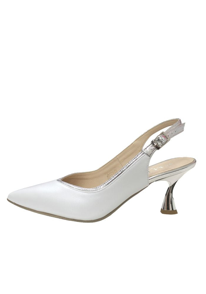 White and Silver Slingback Kitten Heels