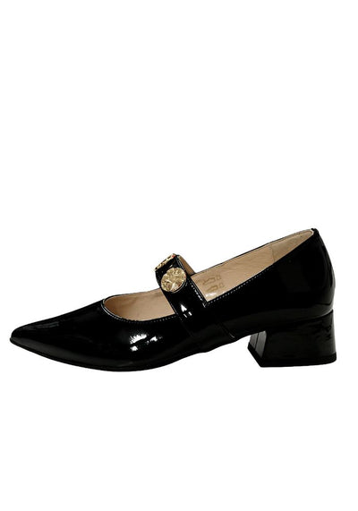 Black Pointed Loafers with Gold Disk Detail