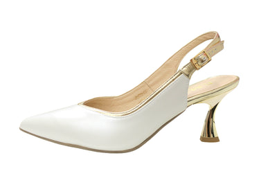 Gold and Ecru Slingback Kitten Heels