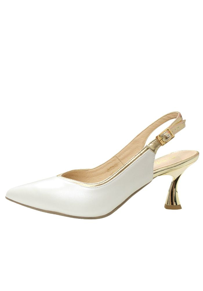 Gold and Ecru Slingback Kitten Heels