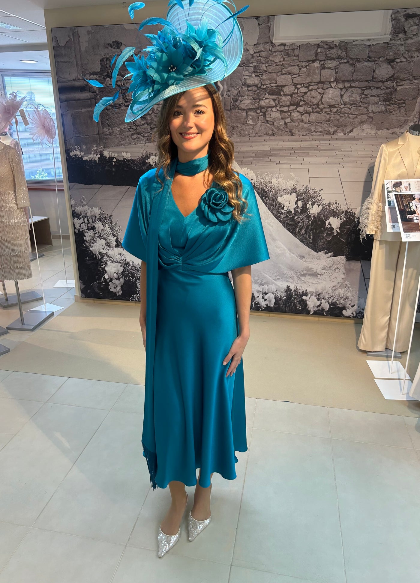 Turquoise V-Neck Dress with Rouching Detail and Scarf