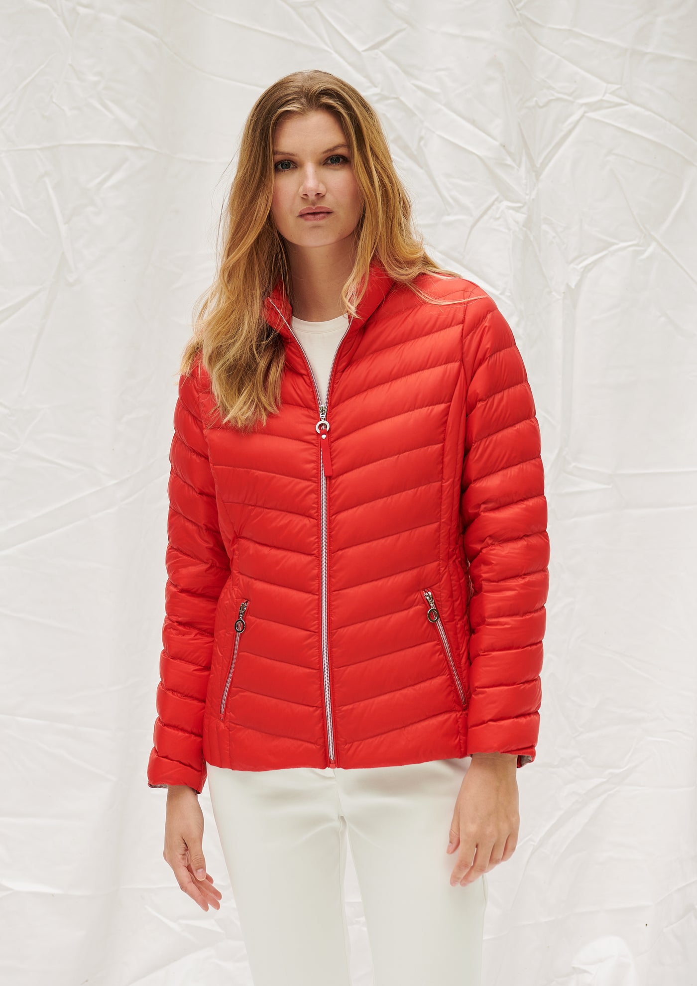 Fiery Red Puffer Jacket with Silver Zip Detail