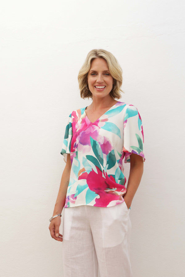 Orchid Print V-Neck Top With Half Sleeves