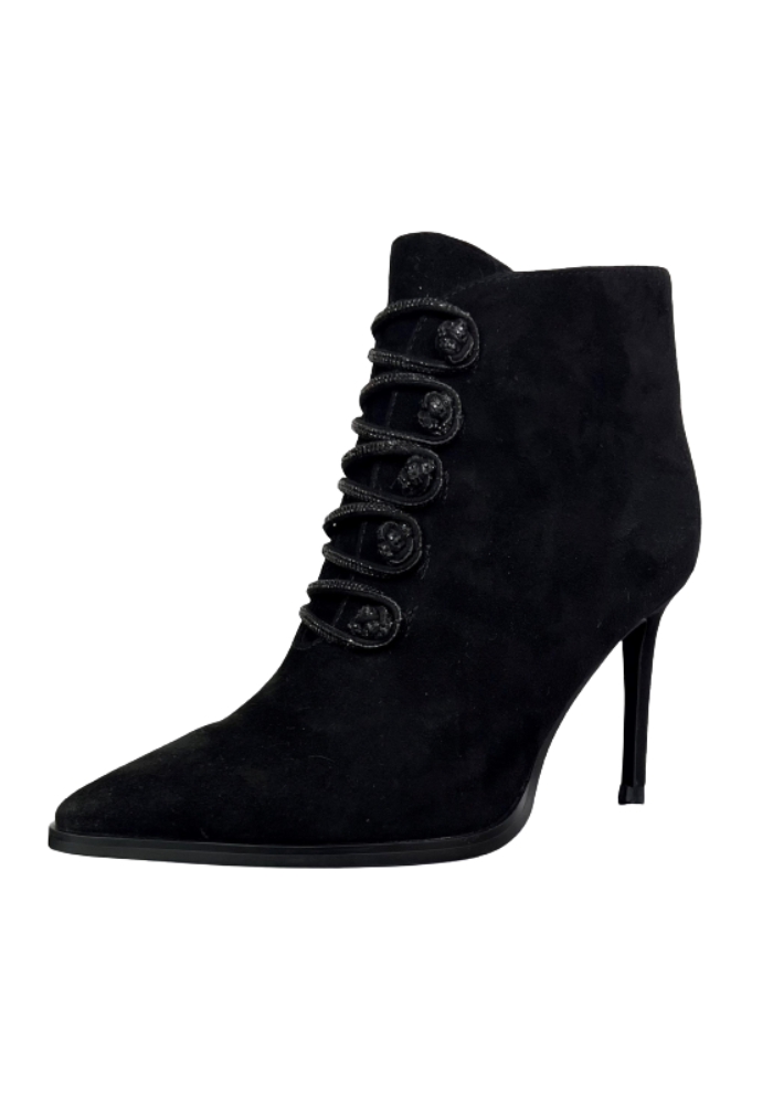 Black Suede Pointed Toe Boot with Diamonte Button Detailing