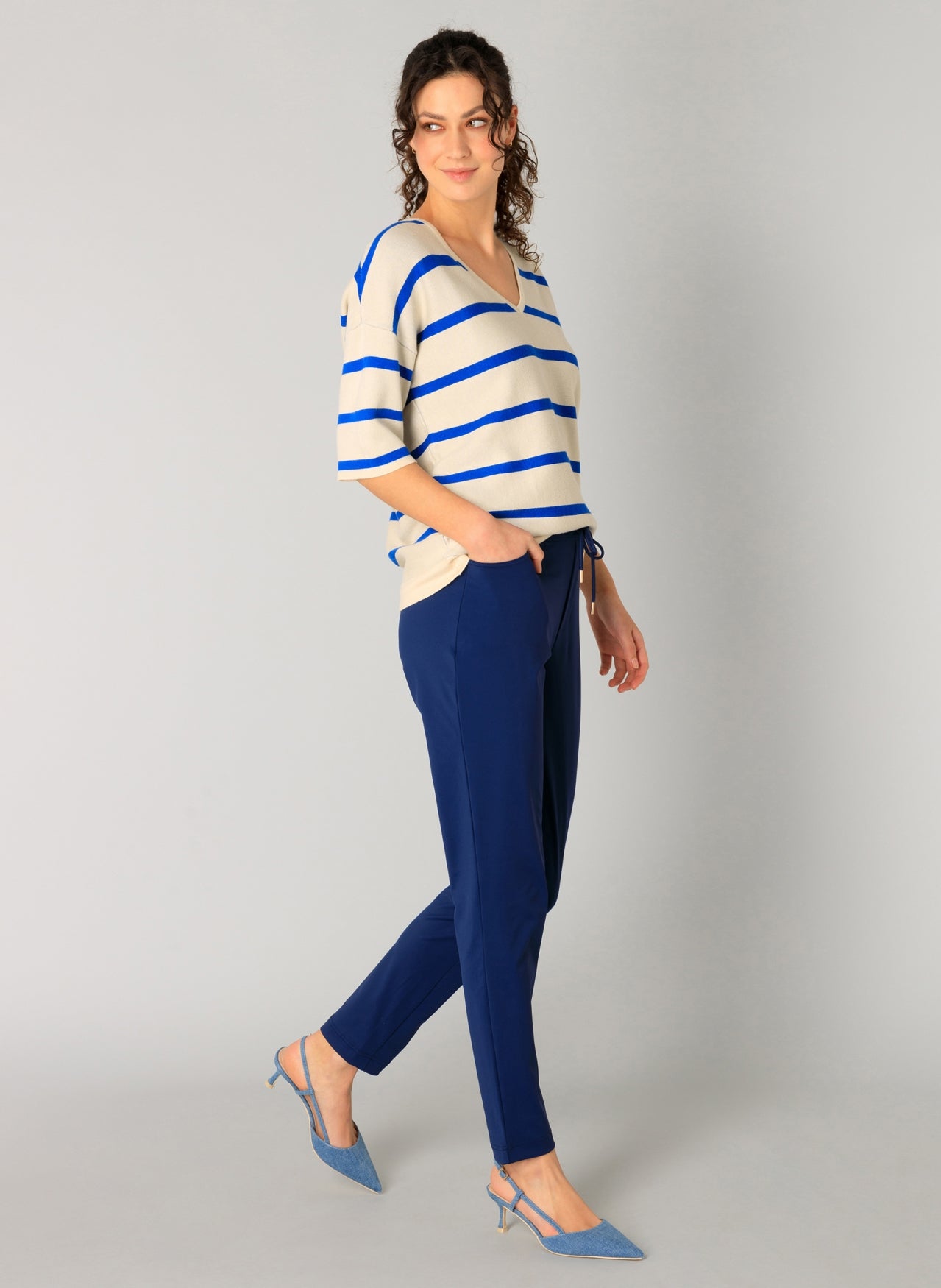 Beige & Blue Striped V-Neck Jumper