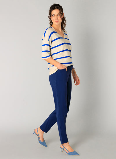 Beige & Blue Striped V-Neck Jumper