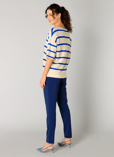 Beige & Blue Striped V-Neck Jumper