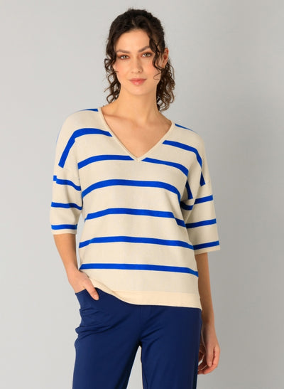 Beige & Blue Striped V-Neck Jumper