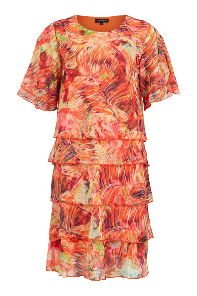 Orange Tired Dress With Abstract Print & Chiffon Sleeve Detailing