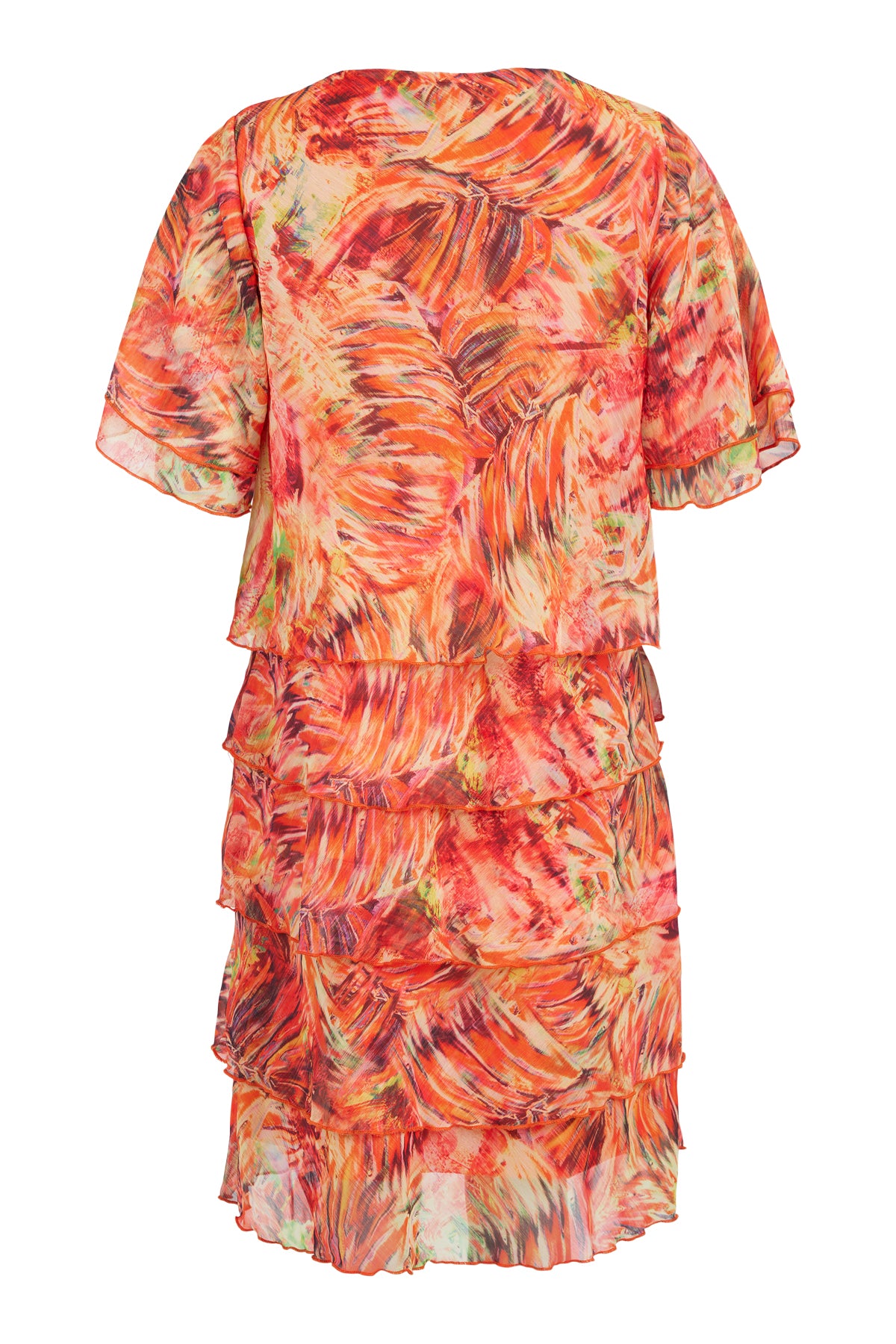 Orange Tired Dress With Abstract Print & Chiffon Sleeve Detailing
