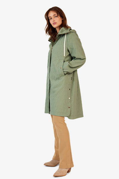 Khaki Green Coat With Button Detailing on Sides & Hood