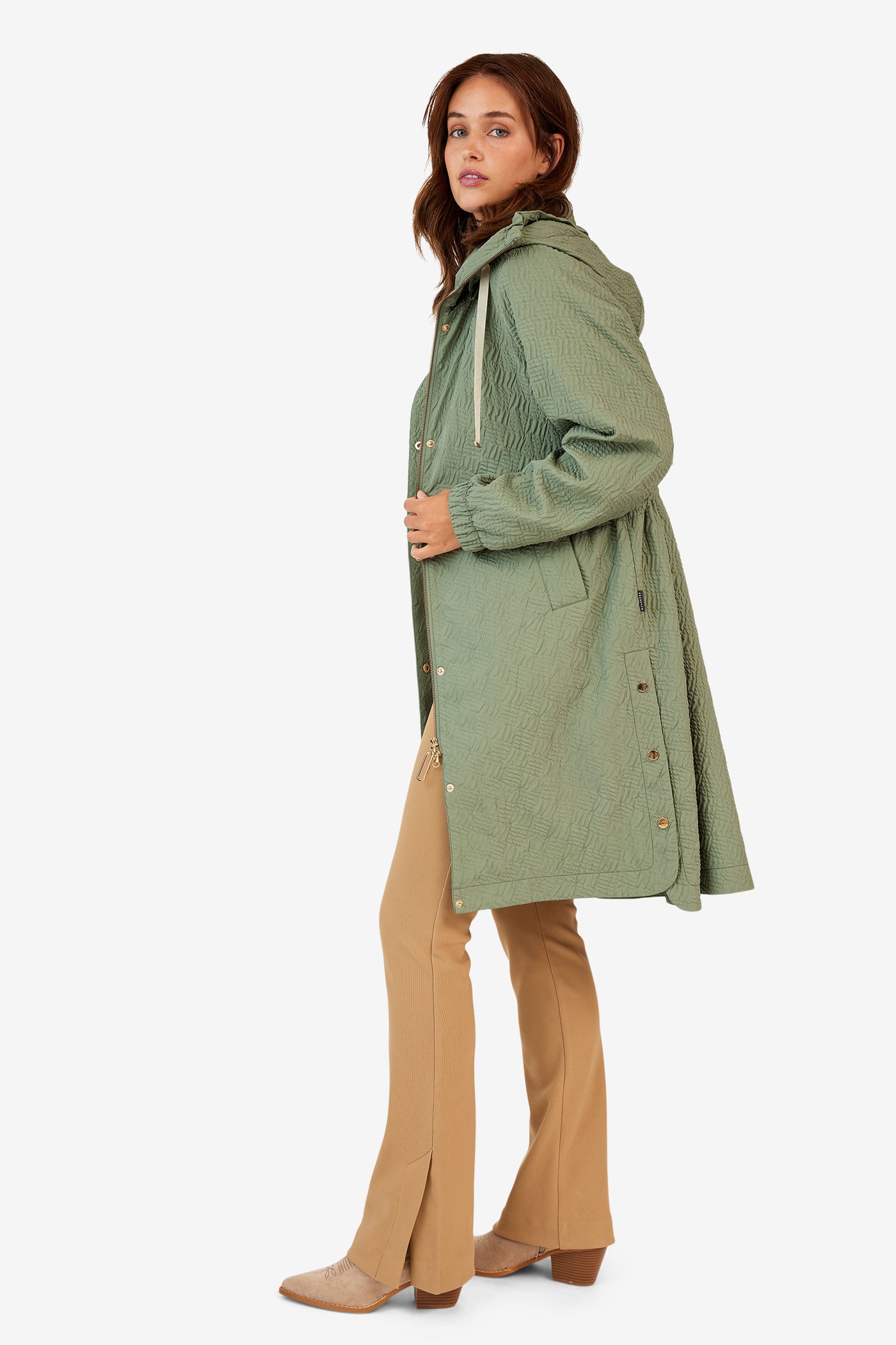 Khaki Green Coat With Button Detailing on Sides & Hood