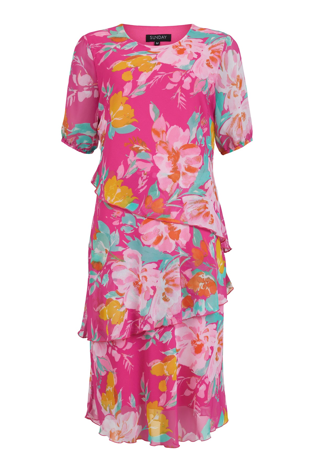 Pink Dress Multi-Coloured Flower Print With Elasticated Cap Sleeve & Tiered Detailing