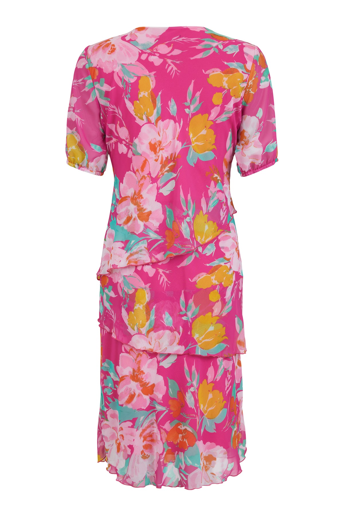 Pink Dress Multi-Coloured Flower Print With Elasticated Cap Sleeve & Tiered Detailing