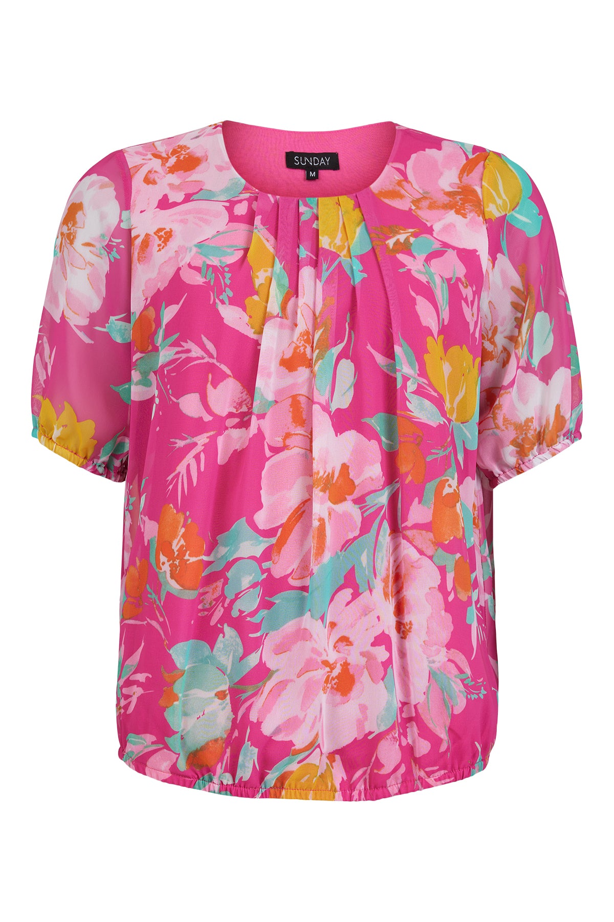 Pink Top Multi-Coloured Flower Print With Elasticated Sleeves & Waist Detailing