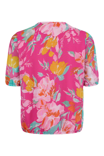 Pink Top Multi-Coloured Flower Print With Elasticated Sleeves & Waist Detailing
