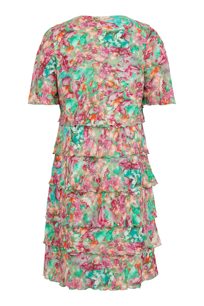 Green Tired Dress With Multi-Coloured Butterfly Print & Chiffon Sleeve Detailing