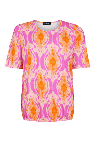 Pink & Orange Round Neck Top With Tie Die Print & Cap Sleeve Detailing
