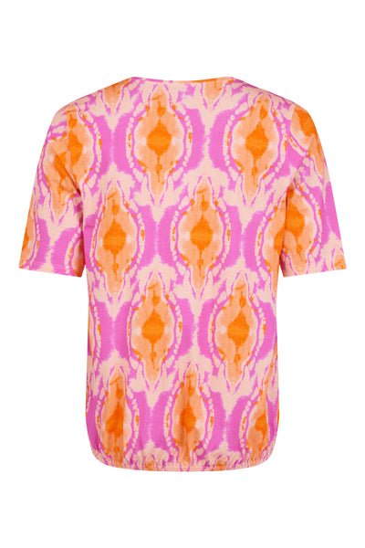 Pink & Orange Round Neck Top With Tie Die Print & Cap Sleeve Detailing