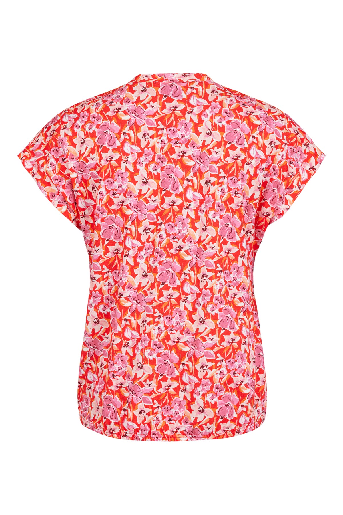 Orange Top With Pink Flower Print & Grandfather Collar Detailing