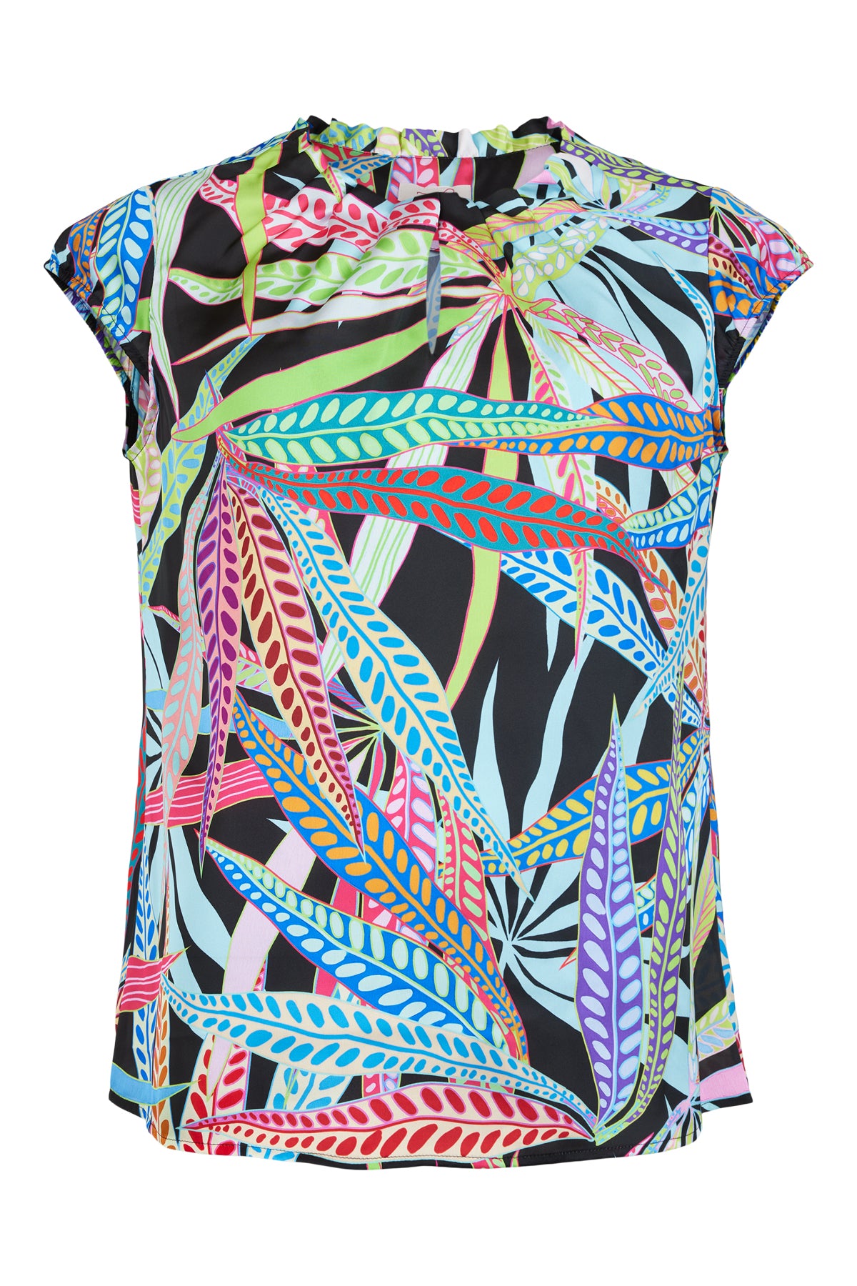 Black Top With Multi-Coloured Leaf Design & Rushed Neck Detailing