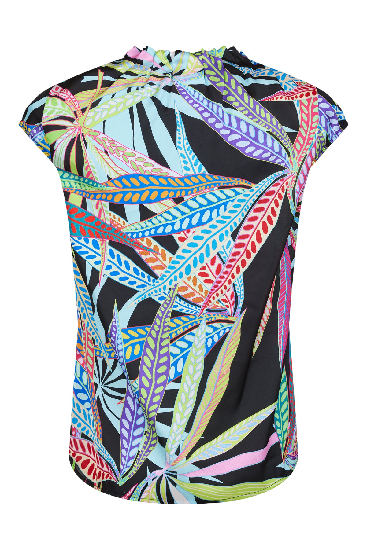 Black Top With Multi-Coloured Leaf Design & Rushed Neck Detailing