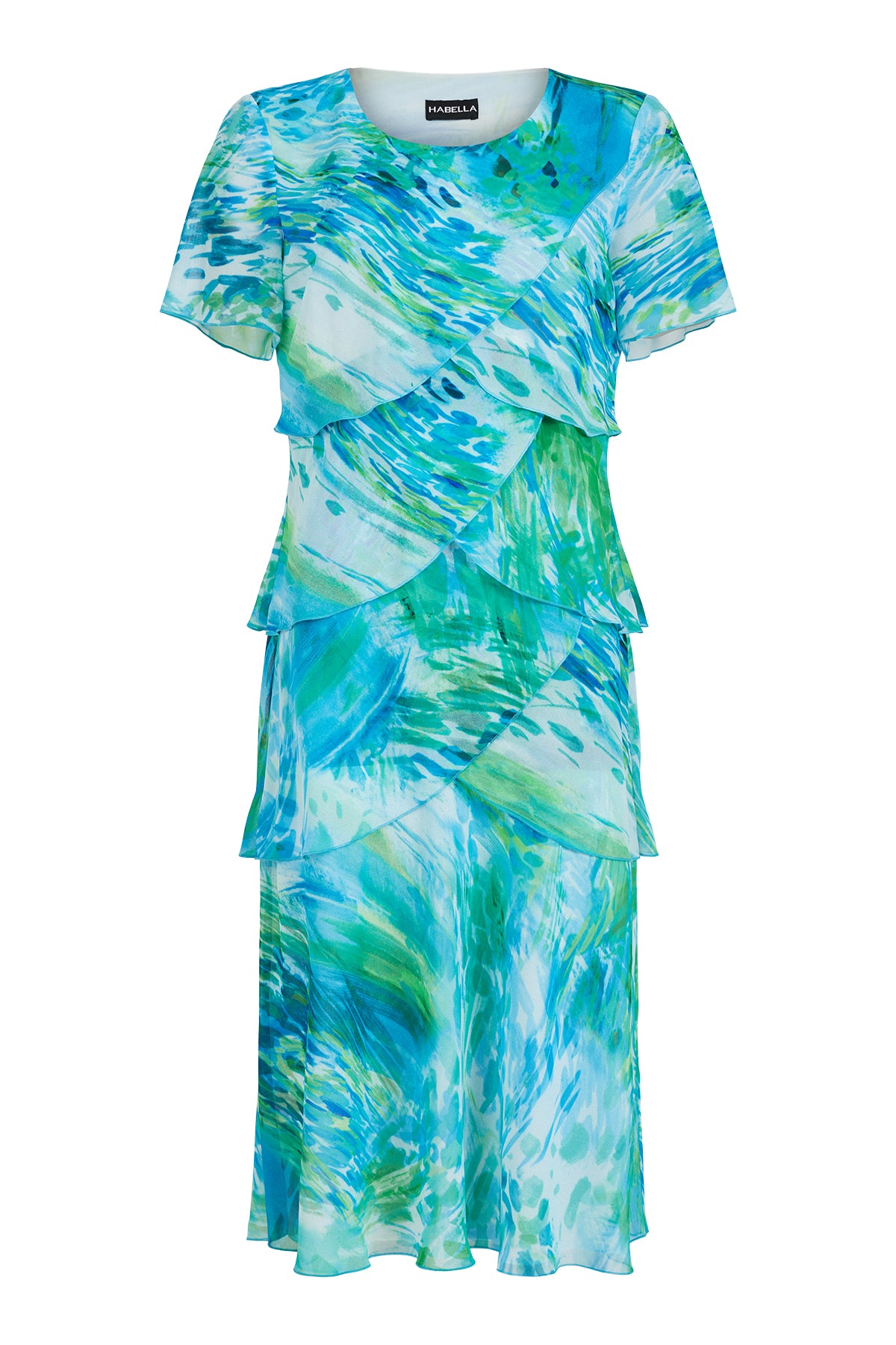 Green/Blue Abstract Print Dress with Layered Effect and Short Sleeves