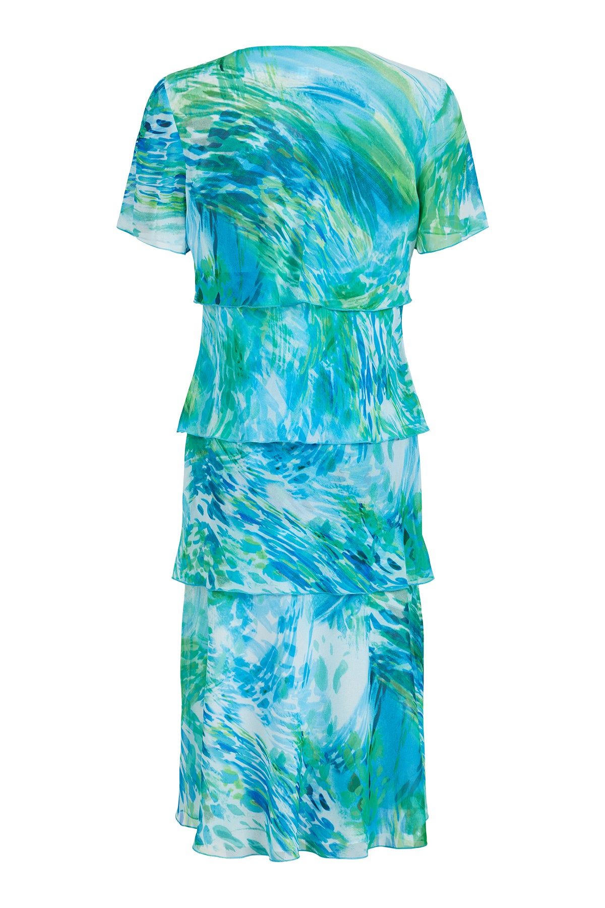 Green/Blue Abstract Print Dress with Layered Effect and Short Sleeves