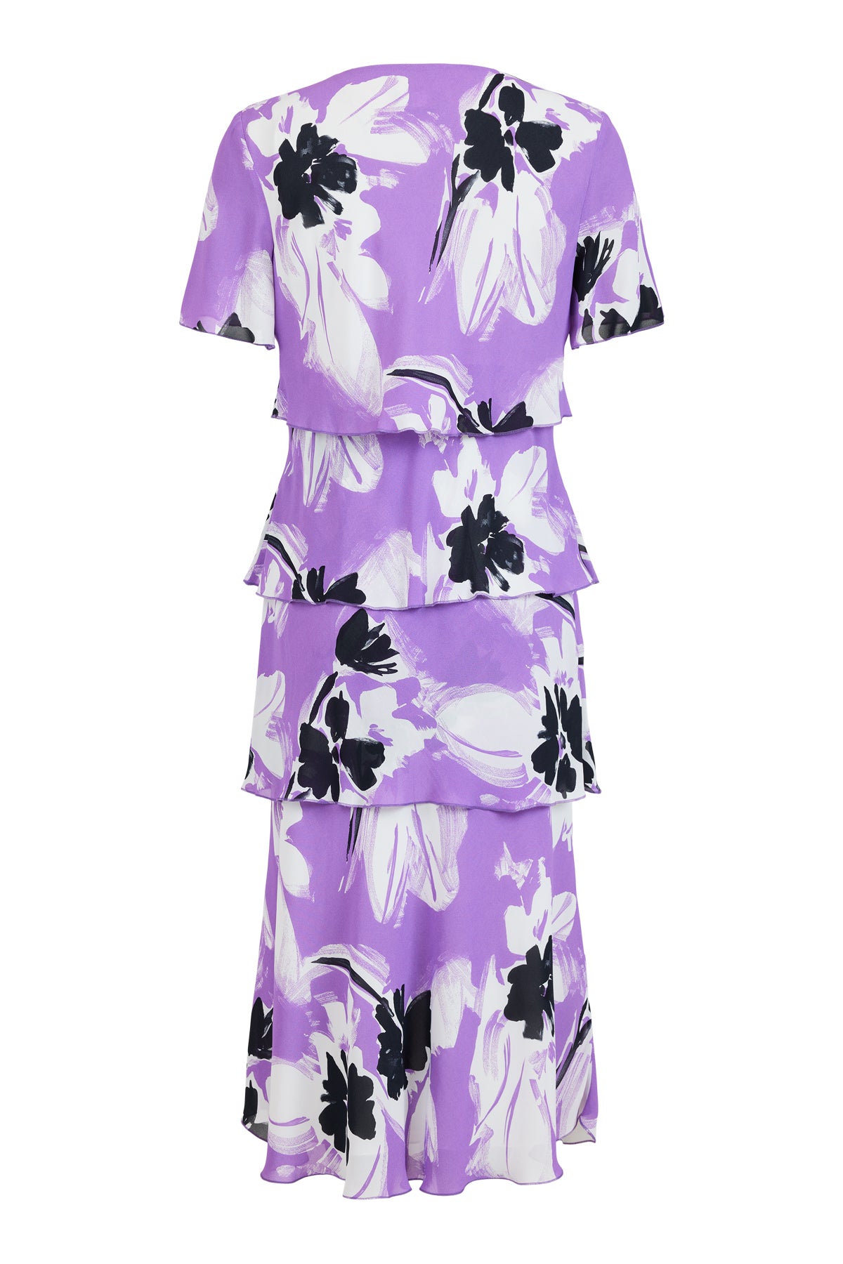 Purple/Black Abstract Print Dress with Layered Effect and Short Sleeves