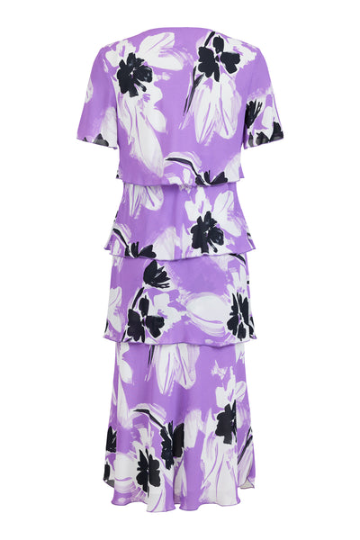 Purple/Black Abstract Print Dress with Layered Effect and Short Sleeves