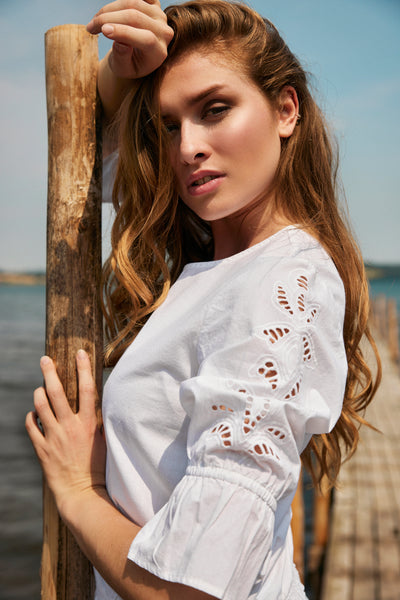 Off White Cotton Top with Lace Detail on Sleeve