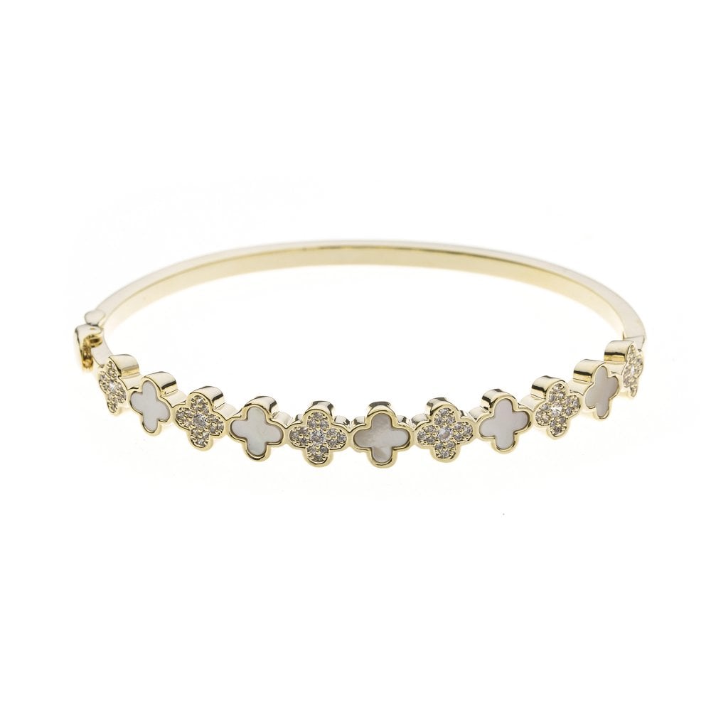 Four Leaf Clover White and Gold Plated Bangle with Silver Detail