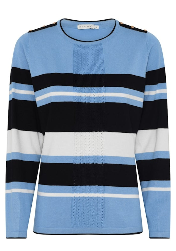 Navy and Sky Blue Stripe Jumper with Gold Button Details